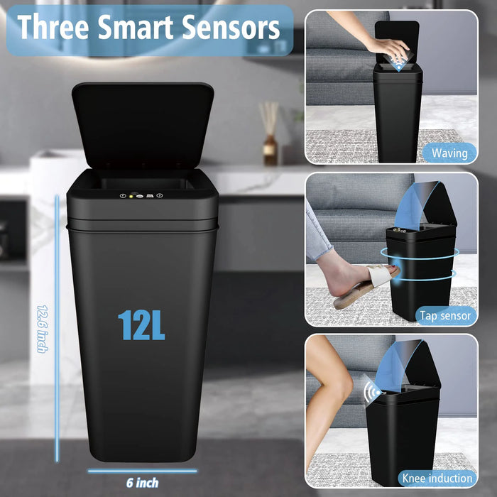 Slim Touchless Motion Sensor Bin with Lid — 12L (approx. 3.5 gal)