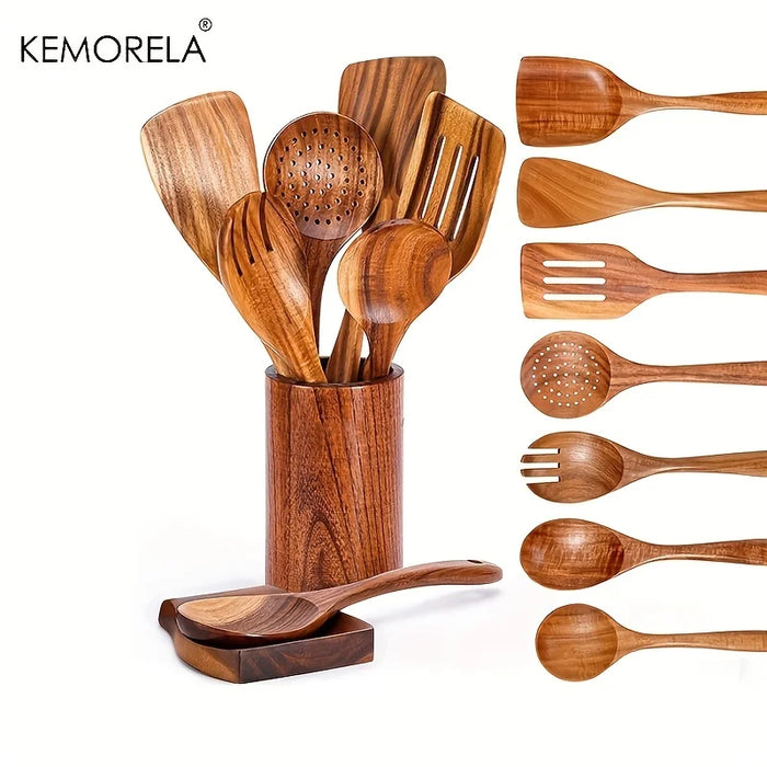 9-Piece Teak Wooden Kitchen Utensil Set with Holder