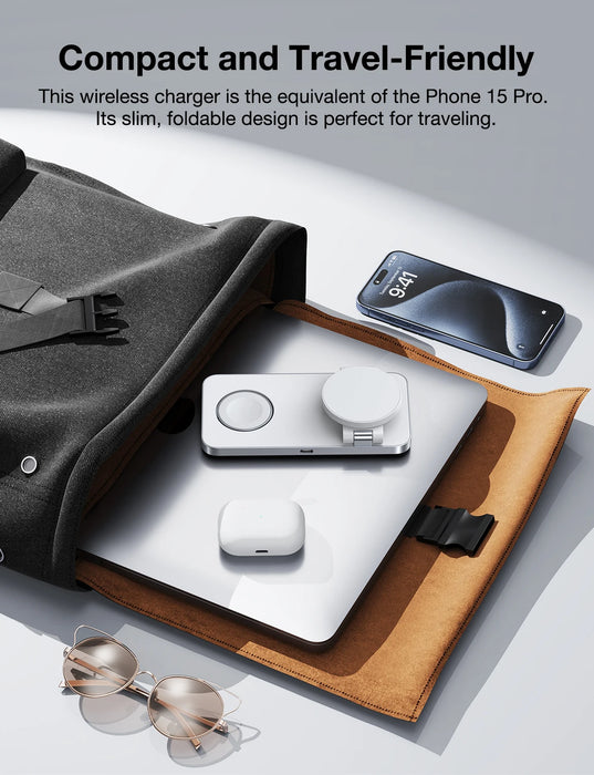 Magnetic 3-in-1 Foldable Fast Wireless Charger Stand for iPhone, Apple Watch & AirPods