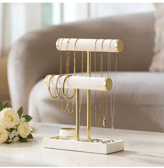 Two-Level T-Style Wooden Bangle Stand – Velvet-Lined Jewellery Display