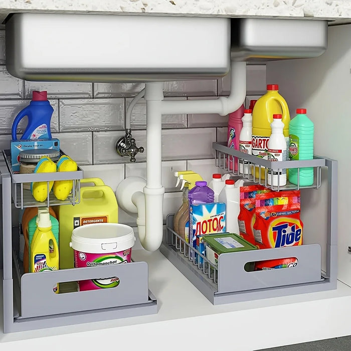 Under-sink Pull-out Metal Organiser — Sliding Storage Shelf for Kitchen (Black/White)