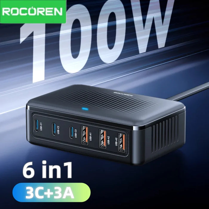 Rocoren 100W GaN 6‑Port Desktop USB Charger – 3x USB‑C & 3x USB‑A