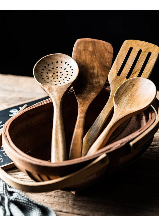 9-Piece Teak Wooden Kitchen Utensil Set with Holder
