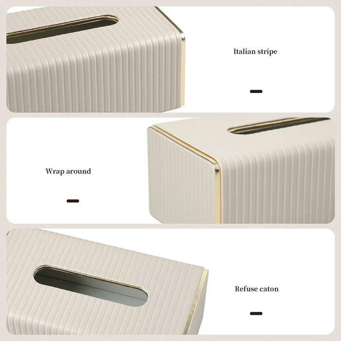 White Rectangular Leather Tissue Box Cover with Gold-Tone Edging — Small 16×11.5×8cm