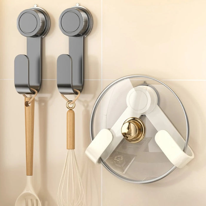Drill‑Free Suction Cup Rotating Kitchen Rack — Wall‑Mounted Pot Lid & Chopping Board Holder with Hooks