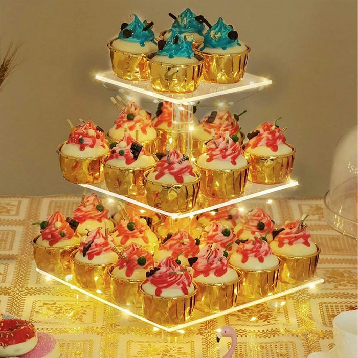 Acrylic 3/4-Tier Square Cake & Cupcake Stand with LED Lights