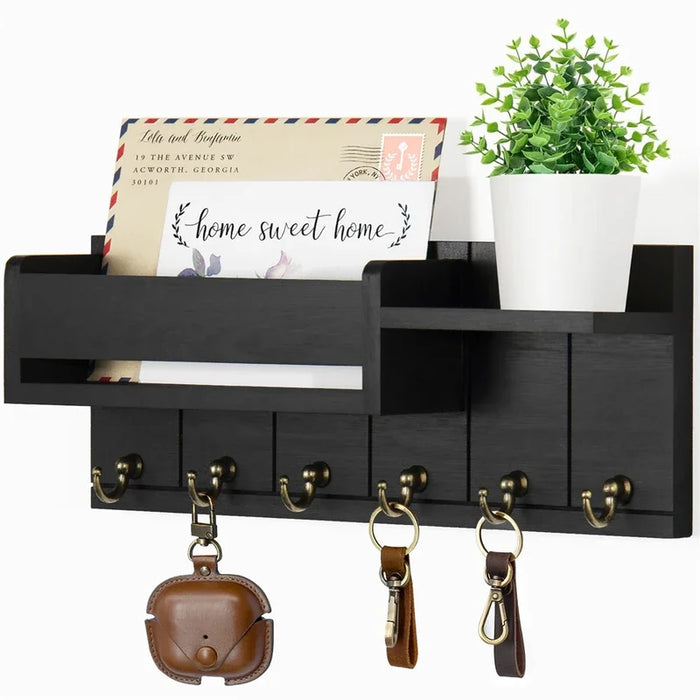 Rustic Wood Key Rack & Mail Organiser — 6 Hooks with Shelf, Wall-Mounted