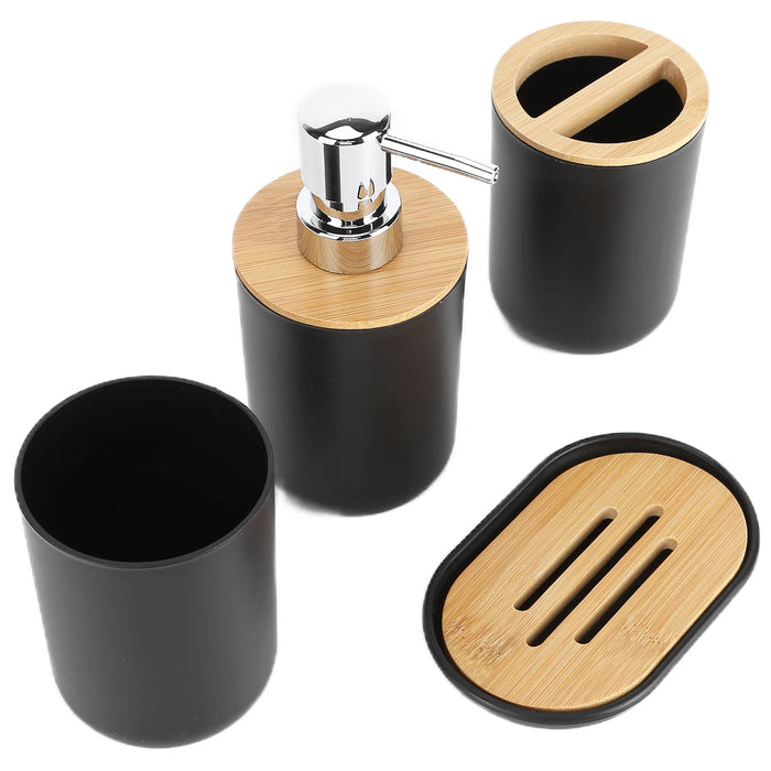4-piece Bamboo-Accent Bathroom Set — Dispenser, Toothbrush Holder, Tumbler & Soap Dish