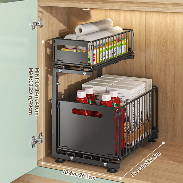 Pull-Out Under-Sink Organiser, 2-Tier Adjustable Sliding Shelf, Black & White