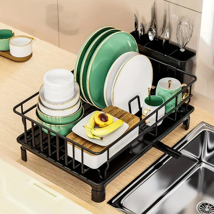 Rustproof Dish Drainer for Worktops with Removable Drain Board & Utensil Holder — Black