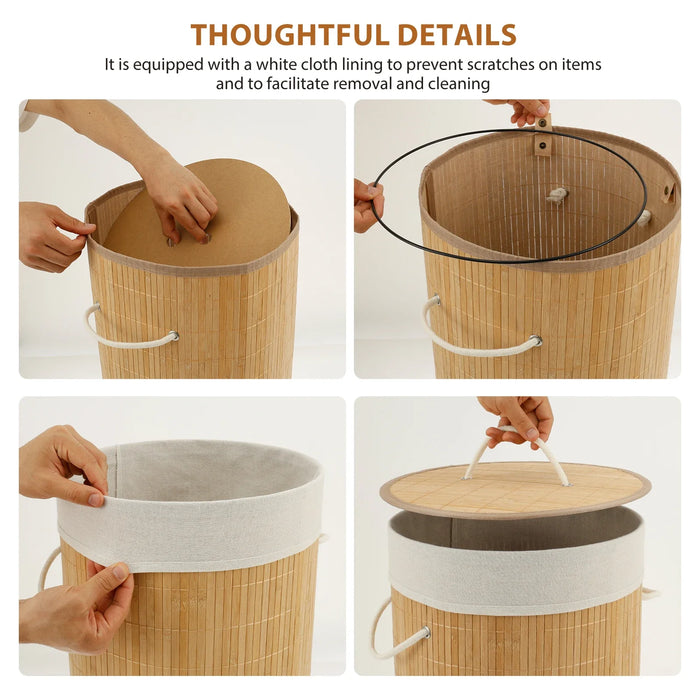 Bamboo Laundry Basket with Lid & Removable Liner, 36×36×50cm (14.2×19.7in)