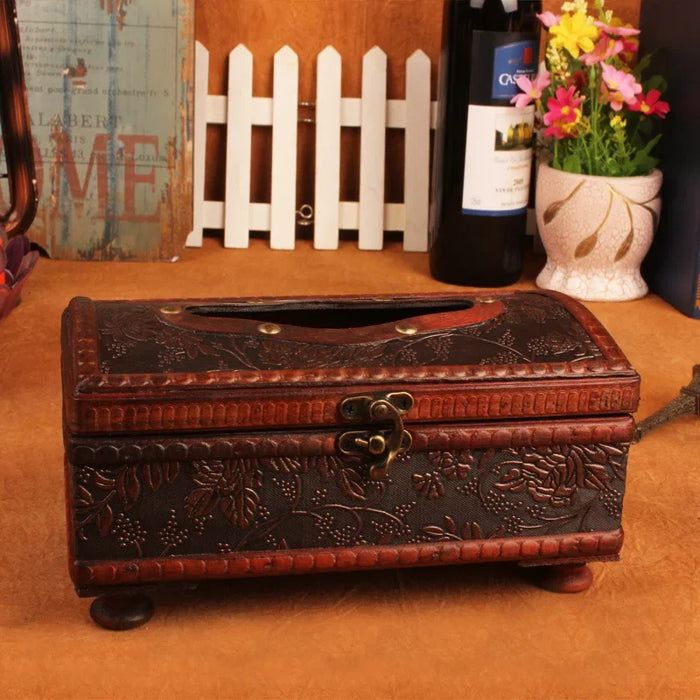 Royal-style Torched Wood Tissue Box Cover – Brown, Four-Leg Design