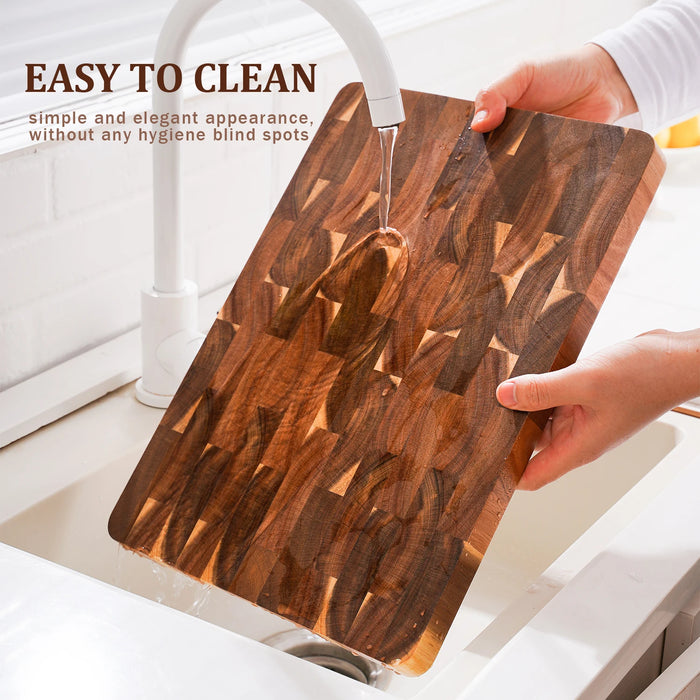 15-inch End Grain Acacia Rectangular Chopping Board with Side Handle (390×275×25mm)
