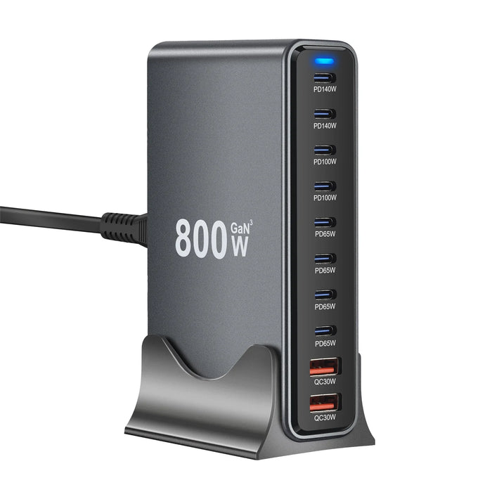 800W GaN 10-Port Desktop Charger — PD 140W Fast Charge for iPhone, iPad, MacBook