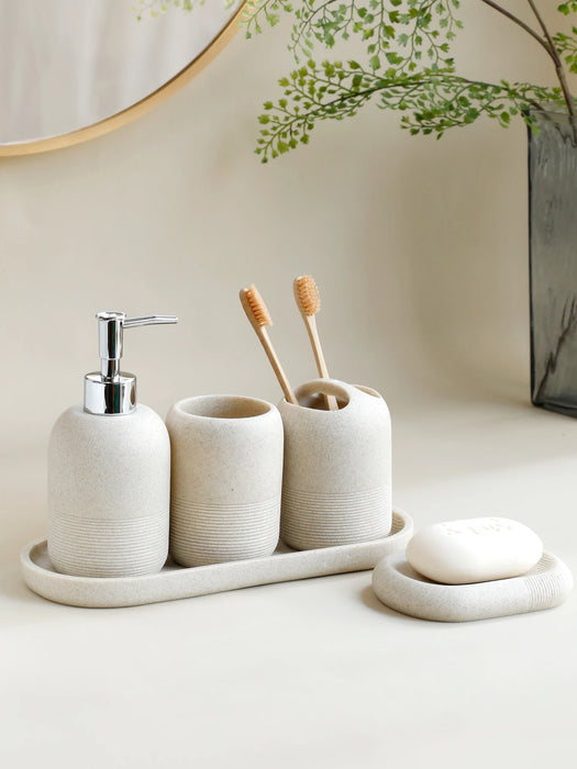 5‑Piece Bathroom Accessory Set — Dispenser, Toothbrush Holder, Tumbler, Tray & Soap Dish (Beige or Grey)