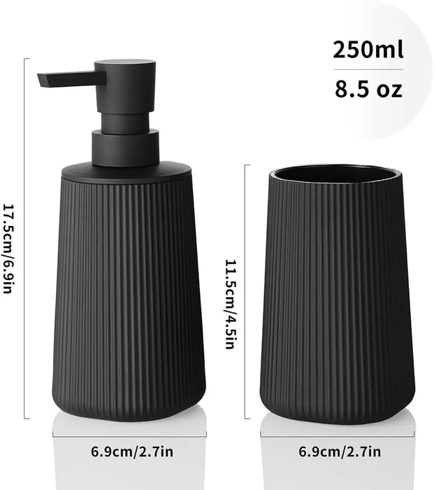 2-Piece Bathroom Set – Soap Dispenser & Toothbrush Holder, Striped Black