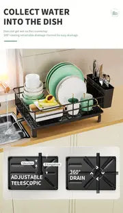 Rustproof Dish Drainer for Worktops with Removable Drain Board & Utensil Holder — Black