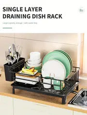 Rustproof Dish Drainer for Worktops with Removable Drain Board & Utensil Holder — Black