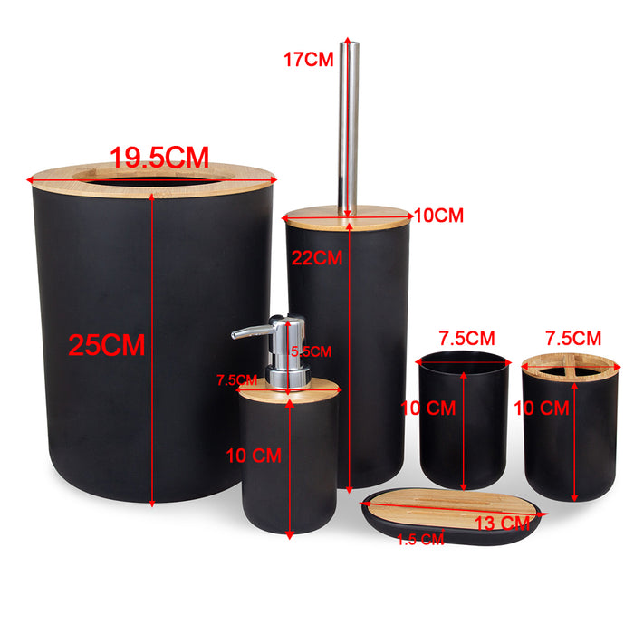 6-Piece Bamboo & Plastic Bathroom Set — Bin, Toilet Brush, Lotion Pump, Soap Box, Toothbrush Cup & Mouth Cup
