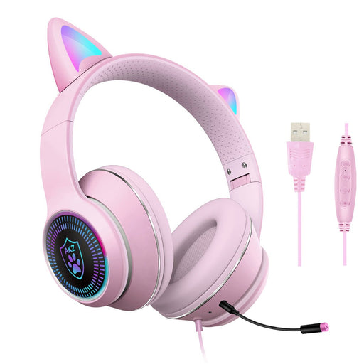 AKZ-023 Cat Ear Headset - Wired USB 7.1 Channel Stereo Sound, RGB Luminous Gaming Headphone with Noise-canceling Mic & Sound Card - Perfect for PC Gamers - Shopsta EU