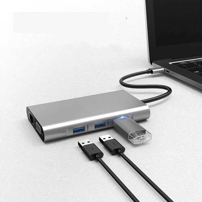 Bakeey 10-in-1 USB Type-C Hub - Triple Display with 4K HD, 1080P VGA, RJ45 Network, 100W USB-C PD3.0, 3 USB 3.0, 3.5mm Audio, Memory Card Readers - Perfect for Professionals and Multi-taskers - Shopsta EU