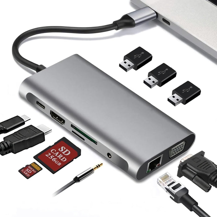Bakeey 10-in-1 USB Type-C Hub - Triple Display with 4K HD, 1080P VGA, RJ45 Network, 100W USB-C PD3.0, 3 USB 3.0, 3.5mm Audio, Memory Card Readers - Perfect for Professionals and Multi-taskers - Shopsta EU