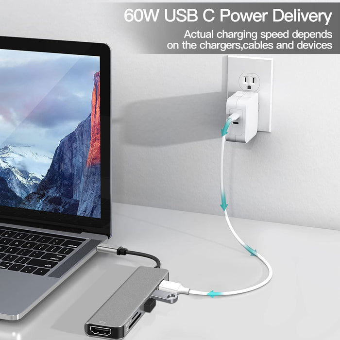 Bakeey 6-in-1 USB-C Hub Adapter - HDMI 4K@30Hz, USB3.0, 100W PD Charging, SD Reader, Witch Splitter - Docking Station for Apple, Huawei Laptops and Macbook - Shopsta EU