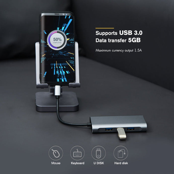 Bakeey 6 in 1 USB-C Hub - Docking Station with 3*USB3.0, 5Gbps, HDMI 8K@30HZ, UHD Video, Type-C PD 100W Fast Charging - Perfect for Laptops and Tablets with High-Speed Data Transfer - Shopsta EU