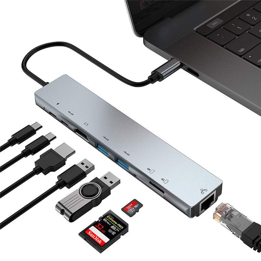 Bakeey PB-C7366 - 8-in-1 USB-C Hub Docking Station with 4K HDMI, 87W PD3.0 Power Delivery, USB-C Data Transfer, Dual USB 3.0, RJ45 Ethernet & Memory Card Readers - Ideal for Laptops & Workstations - Shopsta EU