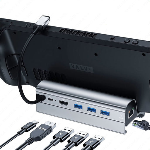 Bakeey Steam Deck Dock - 6-in-1 Docking Station Stand with 3 USB 3.0 Ports, HDMI 4K@60Hz, Gigabit Ethernet 1000Mbps, 60W PD Hub - Ideal for Gamers and Streamers - Shopsta EU