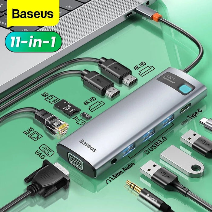 Baseus 11-in-1 MST USB Type-C Hub Docking Station - Dual 4K HDMI, 1080P VGA, 100W USB-C PD, 1000M RJ45, 3 x USB 3.0, 3.5mm Audio, Memory Card Readers - Perfect for Multi-Display and Power Users - Shopsta EU