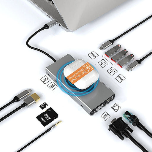 Basix Docking Station - 13-in-1 USB-C Hub with USB 2.0/3.0, 100W PD, 4K HDMI, VGA, Audio Jack, RJ45, Memory Card Readers - Multiport Splitter Adapter for PC Laptop - Shopsta EU