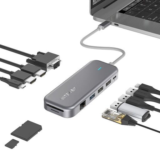 BlitzWolf BW-TH11 - 11-in-1 USB-C Data Hub, Dual 4K HDMI, 1080P VGA, USB3.0, USB2.0, 1000Mbps RJ45 LAN, SD/TF Card Slots - Up to 100W Type-C PD Charging for Professionals - Shopsta EU
