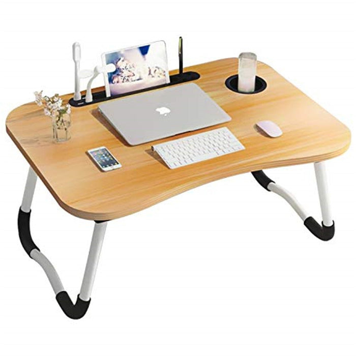 Curved Design Folding Wooden Desk - Multifunctional Home Bed Stand with USB Charging Port, Pen Cup Slot, Macbook and Phone Storage - Perfect for Small Spaces and Home Offices. - Shopsta EU