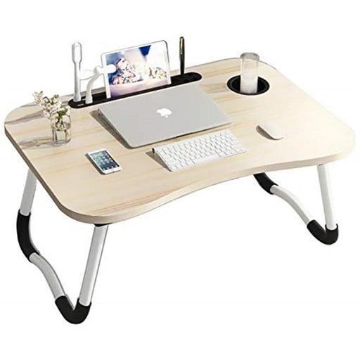 Curved Design Folding Wooden Desk - Multifunctional Home Bed Stand with USB Charging Port, Pen Cup Slot, Macbook and Phone Storage - Perfect for Small Spaces and Home Offices. - Shopsta EU