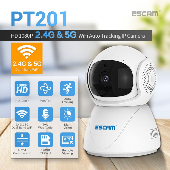 ESCAM PT201 - 1080P 2.4G 5G WiFi IP Auto Tracking Camera with Cloud Storage & Two-Way Voice - Smart Night Vision for Home Security - Shopsta EU