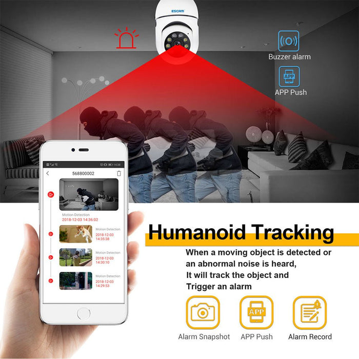 ESCAM PT208 E27 - 1080P WIFI Humanoid Tracking Camera with ONVIF, Two-Way Audio, Dual Light Night Vision - Ideal for Home Security and Surveillance - Shopsta EU