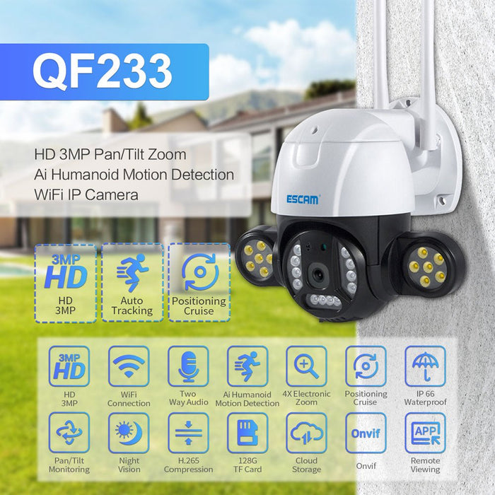 ESCAM QF233 3MP PTZ - H.265 WIFI IP Camera with Fixed Point Cruise, 4x Zoom, Dual Light, IP66 Waterproof, Motion Sensor, Two-way Voice & Intelligent Night Vision - Ideal for Home Security & ONVIF Compatibility - Shopsta EU