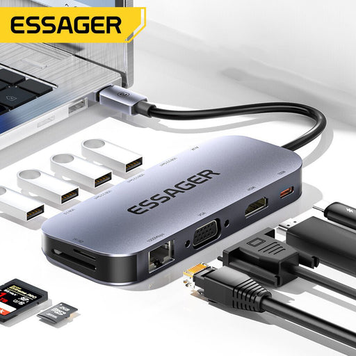 Essager 11-in-1 USB-C Hub - 4K 30Hz Type C Docking Station, MacBook Air Pro Adapter Splitter, HDMI-Compatible & RJ45 - Perfect for Laptops and Enhancing Connectivity - Shopsta EU