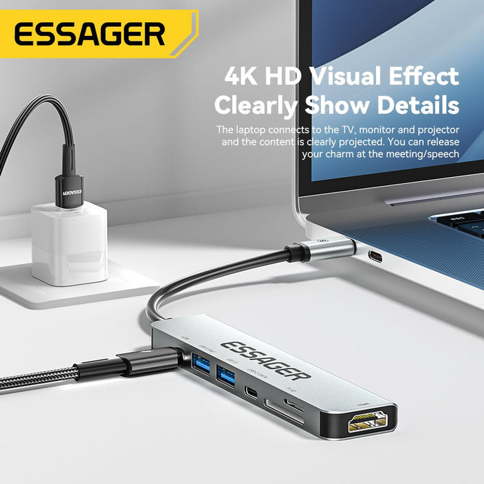 Essager USB Type-C Hub - 7-in-1 HDMI-Compatible Laptop Dock for MacBook Pro Air M1 M2, USB 3.0 Adapter Splitter Extensor - Perfect Workstation Solution for Professionals - Shopsta EU