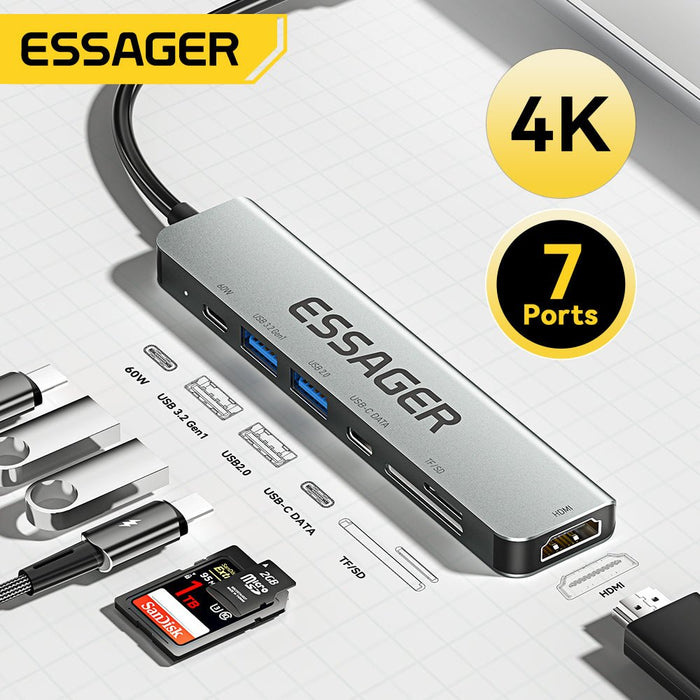 Essager USB Type-C Hub - 7-in-1 HDMI-Compatible Laptop Dock for MacBook Pro Air M1 M2, USB 3.0 Adapter Splitter Extensor - Perfect Workstation Solution for Professionals - Shopsta EU