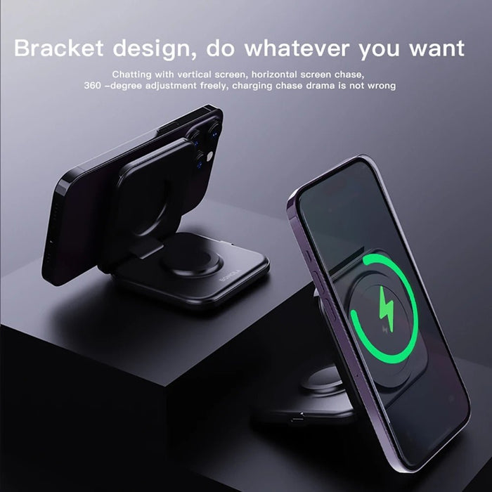Magnetic Wireless Charger Foldable Stand - 2-in-1 with 15W Fast Charging Functionality for iWatch Ultra/8/7/6 and iPhone 14 Pro/13/12 - Ideal for Apple Watch and iPhone Owners Needing Faster Charging - Shopsta EU