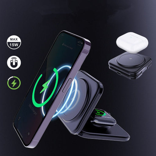 Magnetic Wireless Charger Foldable Stand - 2-in-1 with 15W Fast Charging Functionality for iWatch Ultra/8/7/6 and iPhone 14 Pro/13/12 - Ideal for Apple Watch and iPhone Owners Needing Faster Charging - Shopsta EU