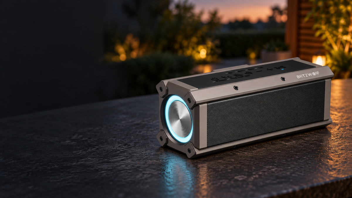 Altavoz BlitzWolf BW-WA3 sobre una mesa al aire libre al anochecer