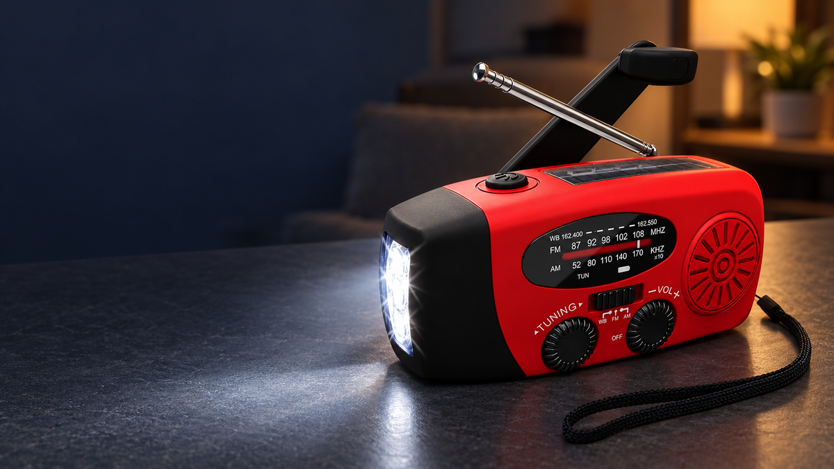 Röd nödradio med solcell och handvev på ett mörkt bord