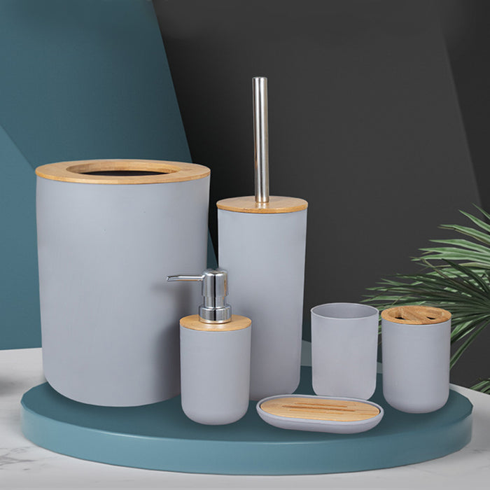 6-Piece Bamboo & Plastic Bathroom Set — Bin, Toilet Brush, Lotion Pump, Soap Box, Toothbrush Cup & Mouth Cup