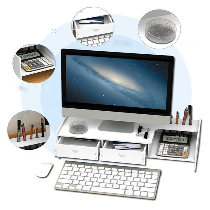 Universal & Storage Drawer Brand - Wooden Macbook PC Riser, Laptop Monitor, Desktop Stand Holder, Screen Rack Organizer - Ideal Solution for Desktop Organization and Screen Elevation - Shopsta EU