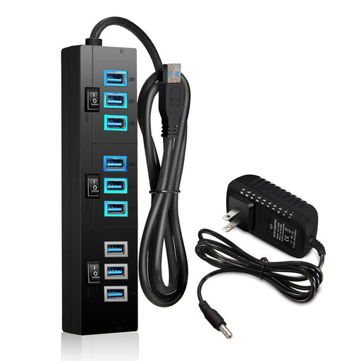 USB Hub 10 Port - USB 3.0 Data Hub with 9 Ports + 1 Smart Charging Port, On/Off Switches & 5V/4A Power Adapter - Compact Extension for PC, Laptop, MacBook & Computers - Shopsta EU