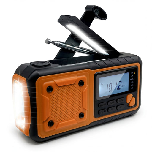 4000mAh Emergency Solar Radio with Hand Crank — AM/FM Weather Radio, LED Reading Light & Phone Charger