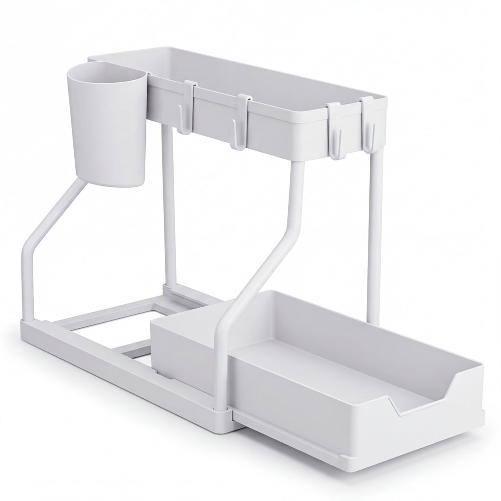 2-Tier Pull-Out Drawer Organiser — Foldable Plastic Storage for Kitchen & Bathroom